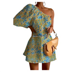 Vestido de un solo hombro con manga abullonada y estampado a mano, sexy y corto, para mujer, en oferta. - Product Image 1