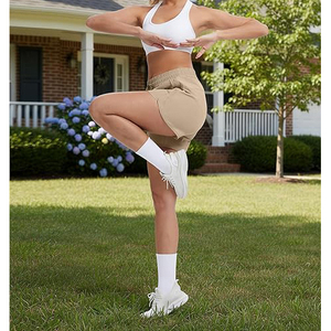 Wholesale Beige <b>Men</b> Running Shorts Polyester Dry Fit Gym Bottoms with Hidden Side Zipper <b>Pouch</b> Custom Logo - Product Image 4