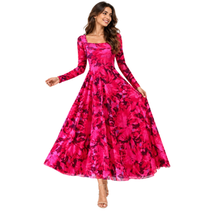 Vestido Floral Fucsia al por Mayor con Cuello Cuadrado, Largo Midi, Corte en A, Chifón, Mangas Largas, Transpirable, para Primavera/Verano - Product Image 1