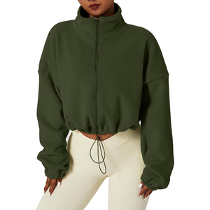 Sudadera Corta con Cierre de Cremallera para Mujer, Color Verde Oliva, de Forro Polar, Cuello Alto, Hombros Caídos, Manga Larga, Estilo Oversize, para Otoño - Product Image 1