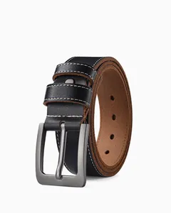 Ceinture décontractée en cuir de vachette couleur unie avec boucle ardillon rectangulaire argentée durable, largeur 2,5 pouces - Product Image 1