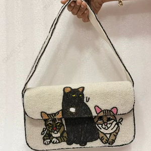 Sacs fourre-tout promotionnels en toile brodée, faits à la main, durables, de haute qualité, avec motif trois chats perlés, à rabat et fermeture magnétique, 1L - Product Image 1