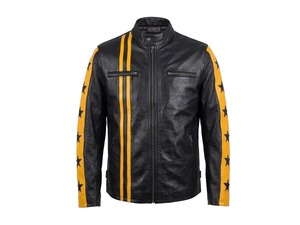 Men's Black <b>Leather</b> <b>Cafe</b> <b>Racer</b> <b>Jacket</b> with Yellow Stripes and Star Sleeves - Product Image 2