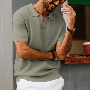 <b>Men's</b> Olive Green Short Sleeve Knitted Polo Shirt Solid Color Casual Breathable Regular Fit Collared Design - Product Image 1