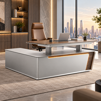 Bureau de direction moderne minimaliste en forme de L, table de PDG, mobilier de bureau en noyer avec armoire de rangement latérale et bande lumineuse LED