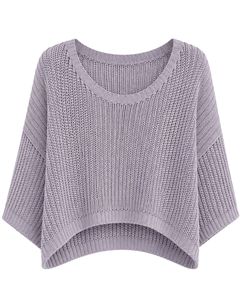 Pull court en tricot ample pour femme, couleur lavande, manches courtes, léger et respirant, idéal pour l'été, style décontracté et tendance - Product Image 3