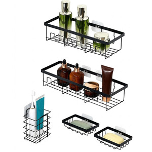 Lot de 5 paniers de rangement muraux pour salle de bain, support organisateur en métal sans perçage pour brosses à dents et savon - Product Image 1