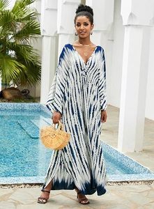 V Neck Maxi Abaya <b>Dress</b> Tie Dye Pattern <b>Loose</b> Fit Three Quarter Sleeve Cotton Modest Style Women's Daily Wear Summer - Product Image 4