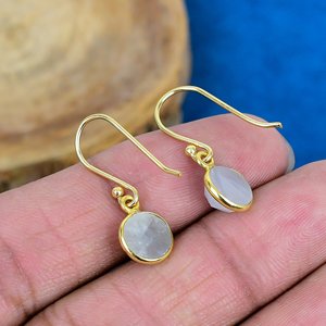 Natural White Sapphire Round Shaped Gemstone Drop Dangle <b>Handmade</b> <b>Earrings</b> 18k Micron Gold Over 925 Sterling Silver - Product Image 4