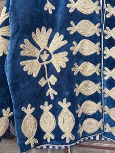 Premium Blue <b>Velvet</b> Embroidered Suzani <b>Jacket</b> With Floral Golden Threadwork Boho Full Sleeve Stand Collar Women's Winter Coat - Product Image 2