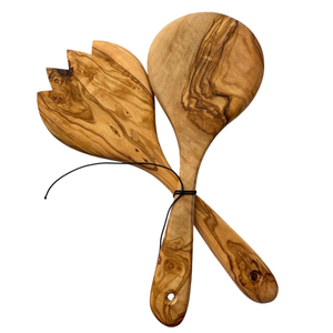 Servidor de ensalada de madera de olivo hecho a mano de lujo, 2 piezas, cucharas de servir de mango largo con veta natural para cocina y restaurante, en oferta. - Product Image 1