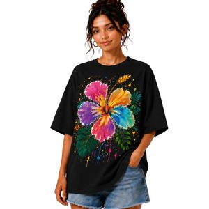 เสื้อยืดโอเวอร์ไซส์สีดำสำหรับผู้หญิง พิมพ์ลายดอกชบาสีสันสดใส เสื้อยืดลำลองผ้าฝ้ายสำหรับฤดูร้อน รับผลิตแบบ OEM ODM ขายส่ง - Product Image 1