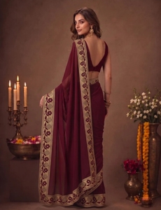 KV Women's Printed Bollywood for Blend Chiffon Border <b>Saree</b> (<b>Maroon</b>) Reversible Quick Dry Wrinkle Free - Product Image 5