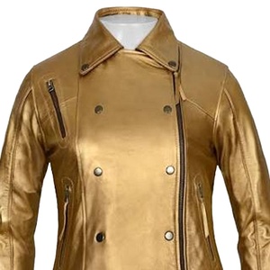 Blouson de motard pour femme en cuir véritable métallisé doré, double boutonnage, fermeture éclair asymétrique, col montant, style universitaire, OEM - Product Image 2