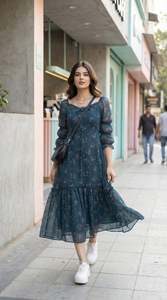 Vestido Midi de Gasa con Estampado Floral y Hombros Descubiertos, con Mangas con Volantes, Corte en A, Holgado, Estilo Romántico, para Uso Diario en Primavera - Product Image 4