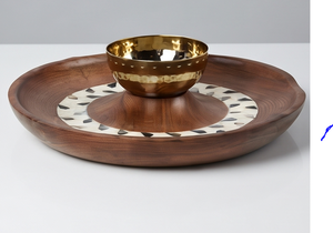 Bandeja de Madera Artesanal Hecha a Mano con Tazón de Latón, Diseño Bohemio para Servir Alimentos, Regalo Elegante, Adorno de Mesa - Product Image 4