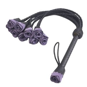 <b>Leather</b> Whip with Purple Rose Handle and Braided Grip Black Sheep Brand High Quality Multi-function for Sensory Play - Product Image 2