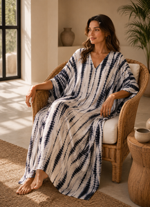 Black <b>White</b> Tie Dye Eco-Friendly Cotton Kaftan <b>Maxi</b> Dress V Neck Modern Bohemian Party Wear Kimono Robe - Product Image 6