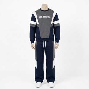 <b>Men</b> <b>Navy</b> Blue Grey White Color Block Crewneck Sweatshirt <b>Jogger</b> Pants Set Casual Streetwear Tracksuit - Product Image 3
