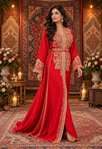 Caftán marroquí largo de terciopelo color ciruela con bordado a mano en rojo rubí de Mishkat Couture para mujeres musulmanas europeas, elegante. - Product Image 4