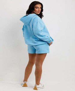 Conjunto de Sudadera y Pantalones Cortos de Dos Piezas para Mujer con Logotipo Personalizado en Estampado Puff, Sudadera Corta y Pantalones Cortos de Algodón con Corte y Costura Desgastados por el Sol - Product Image 3