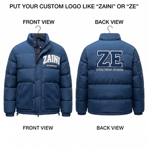 100% Polyester 120 GSM <b>Long</b> Puffer <b>Jacket</b> Navy Blue Contrast Front Pocket OEM - Product Image 1