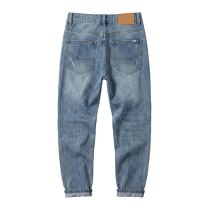 Jeans en denim délavé coupe droite pour homme avec logo personnalisé, style streetwear hip-hop en coton et élasthanne - Product Image 3