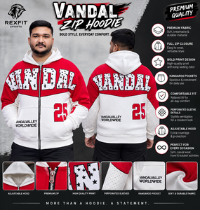 Sudadera con capucha extragrande con cremallera para hombre Rexfit, estampado de letras rojas y blancas, estilo urbano, de algodón, con pedrería - Product Image 3