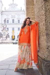 Designer Party Wear Bridal Wear Embroidery Work Chinon Silk <b>Top</b> With Digital Printed Plazzo And Dupatta Stitched Readymade Set - Product Image 2
