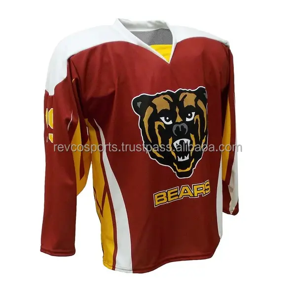 Maroon und weiß Eishockey Trikots V-Ausschnitt Benutzer definiertes Team Logo Applique Stickerei Eishockey Trikot Premium Qualität