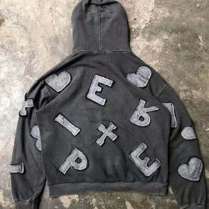 Sudadera con capucha y cremallera para hombre, estilo streetwear, con parche bordado con logotipo personalizado y efecto desgastado, lavado ácido, 100% algodón orgánico, forro polar de 500g, fusión sin costuras - Product Image 2