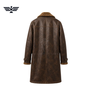 Veste de moto pour homme en cuir PU marron longue et ajustée, doublure en fausse fourrure, col montant, coupe-vent, style vintage, fermeture éclair - Product Image 2
