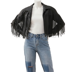 เสื้อแจ็คเก็ตหนังแท้ดีไซน์ล่าสุดสำหรับผู้หญิง สไตล์ลำลอง แต่งชายครุย แฟชั่นคลาสสิก ดีไซน์หรูหรา ขายส่ง - Product Image 3