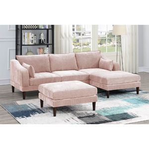 Set Modulare Contemporaneo in Tessuto Morgan Rosa Pallido, 5 Pezzi: Poltrone con Braccioli, Poltrona Senza Braccioli, Pouf e Divani a L per Soggiorno - Product Image 2