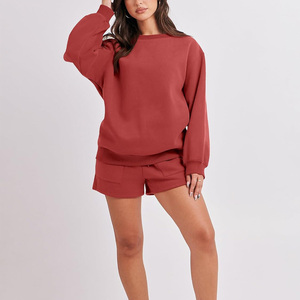 Conjunto de Sudadera Oversize de Cuello Redondo para Mujer, Pantalones Cortos de Punto de Algodón de Color Liso, Atuendo de Dos Piezas, Ropa Casual de Otoño - Product Image 3