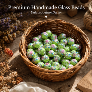 Perles en verre de qualité supérieure vert citron pour gâteau de mariage, 12 mm, faites à la main, en cristal filé au chalumeau, avec spirales argentées et accents floraux roses, pour la fabrication de bijoux - Product Image 5