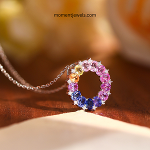 Luxury <b>Rainbow</b> <b>Lab</b> Grown Gemstone Pendant Necklace 925 Sterling Silver Cable Chain U Shape Bubble Pattern Solid Silver Colorful - Product Image 3