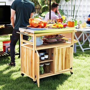 Carrello da Cucina per Esterni in Legno Massello con Piano in Acciaio Inox, Ruote e Armadietti, Carrello per Barbecue da Esterno in Legno Naturale - Product Image 2