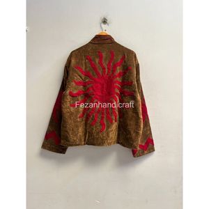 Veste en velours à col mandarin, manches longues, broderie rouge, motif géométrique, vêtements d'hiver pour femmes, manteau, style bohème chic - Product Image 5