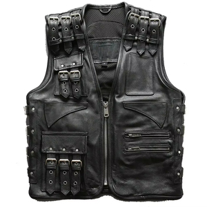 Premium Men's Genuine Leather <b>Utility</b> <b>Vest</b> - Multi-Pocket Biker Waistcoat with Buckle Hardware - Product Image 1