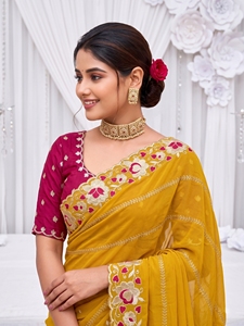 AARA Fashion Yellow Silk <b>Saree</b> with Pink Embroidery Matching Blouse <b>for</b> Wedding Occasion <b>Women</b> Traditional Wear Sun Protection - Product Image 2