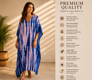 Pure Cotton Blue Pink Tie Dye Handmade Eco-Friendly Boho <b>Kaftan</b> Maxi Dress Women V Neck <b>Beach</b> Cover Modern Fit All Seasons - Product Image 3