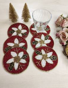 Handmade Red <b>Round</b> Beaded Coasters with <b>White</b> Floral Embroidery Eco-Friendly Home & Hotel Use - Product Image 3