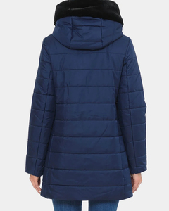 <b>Women's</b> <b>Navy</b> Blue Quilted Puffer Jacket with Faux Fur Hood Warm <b>Winter</b> <b>Coat</b> with Zipper Closure and Side Pockets - Product Image 4