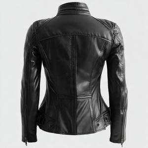 Veste en cuir véritable pour femme, style motard, col montant, pour l'hiver - Product Image 3