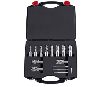 Set di 13 frese anulari per trapani a colonna magnetici (diametro di taglio da 7/16 a 1 1/16 pollici, profondità di taglio 1 pollice, M2AL HSS, 2 guide) - Product Image 1