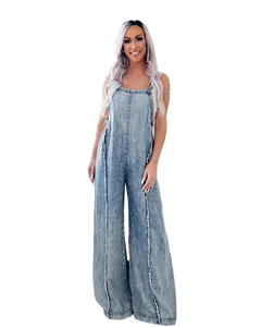 Women's Light Blue Denim Overalls High Waist Wide Leg Loose Fit Sleeveless Casual Summer <b>Jumpsuit</b> With Lace Trim - Product Image 3