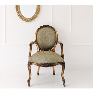 Sillón de comedor antiguo dorado, sillón de lactancia estilo francés con hojas de oro, hecho de madera de caoba y tapicería de tela. - Product Image 2