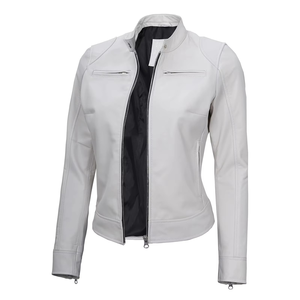 Women's PU Leather Moto Jacket <b>Stand</b> Collar Zipper Closure Full Sleeve Solid Color Regular Fit Autumn Style Windproof - Product Image 3