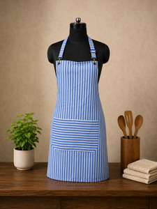 Tablier en coton de qualité supérieure |   Tablier à bretelles rayé bleu et blanc avec grande poche avant |   Tablier de cuisine réglable pour la maison - Product Image 2